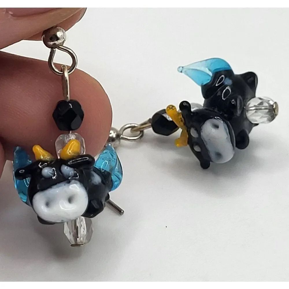 Artisan Funky Blown Glass Flying Cows Earrings Dangle Drop 1.6in